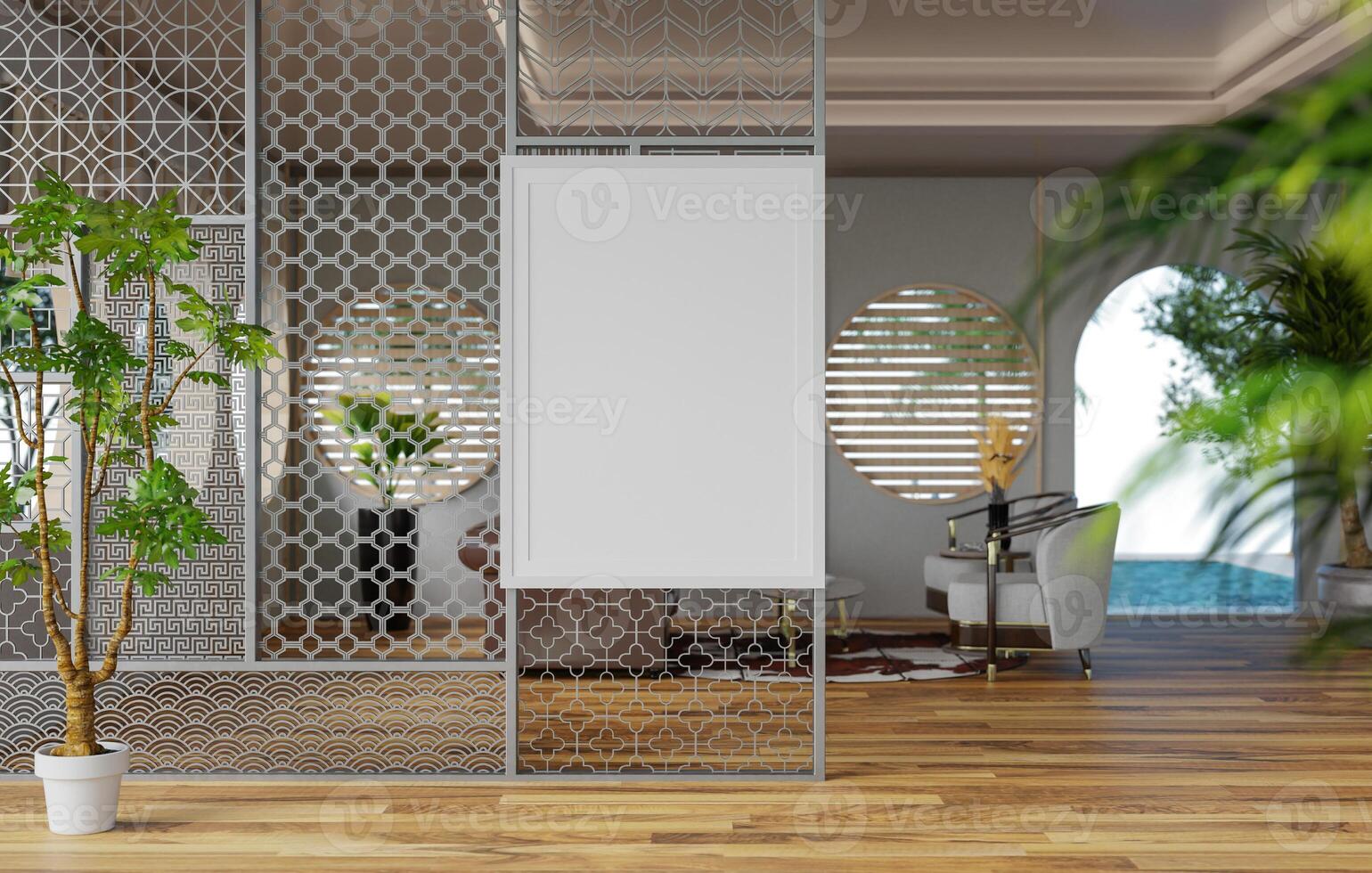 3D mockup blank photo frame in living room rendering