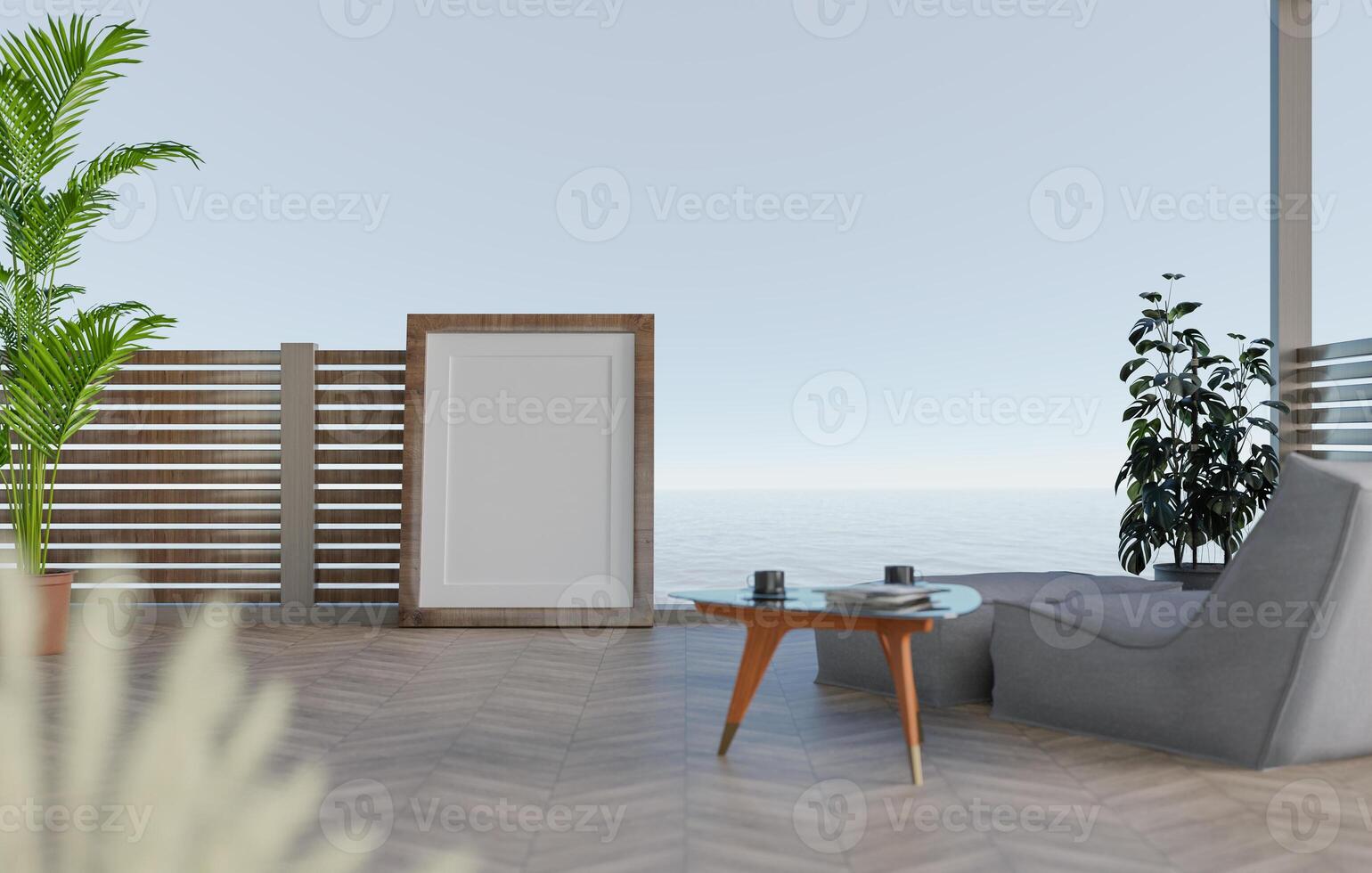 3D mockup blank photo frame in living room rendering