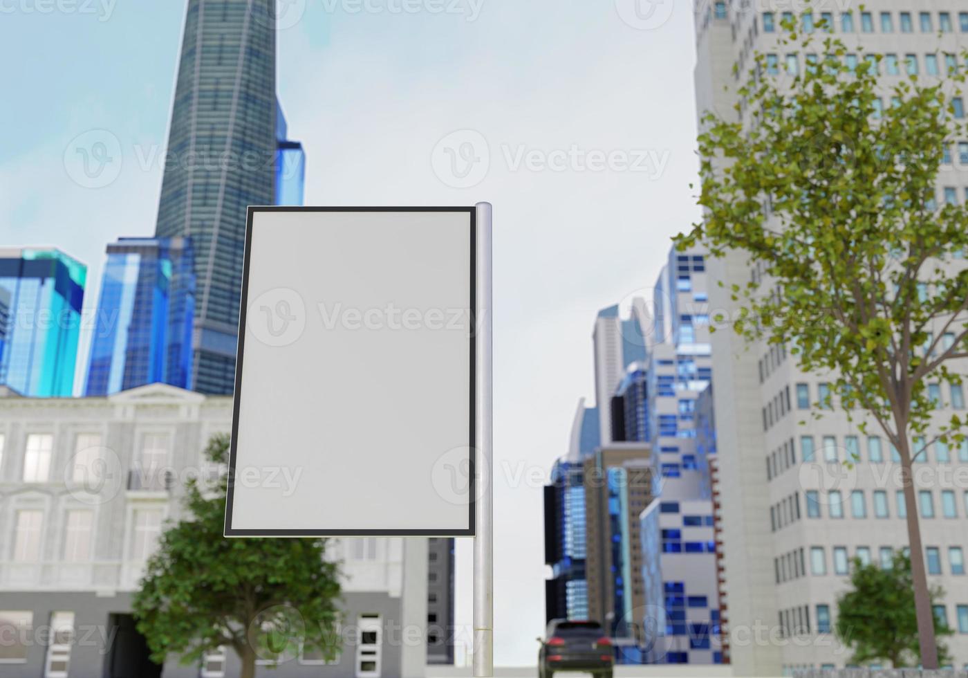 Cartelera en blanco de maqueta 3d en la calle en la representación del centro foto