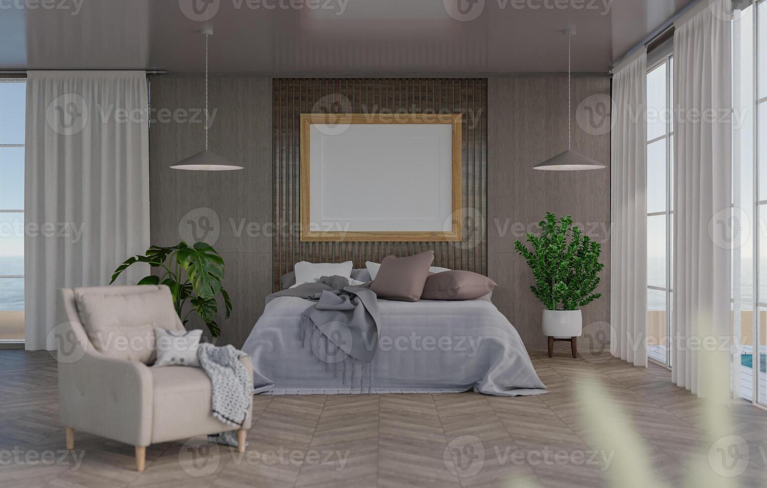 3D mockup blank photo frame in bedroom at pool villa