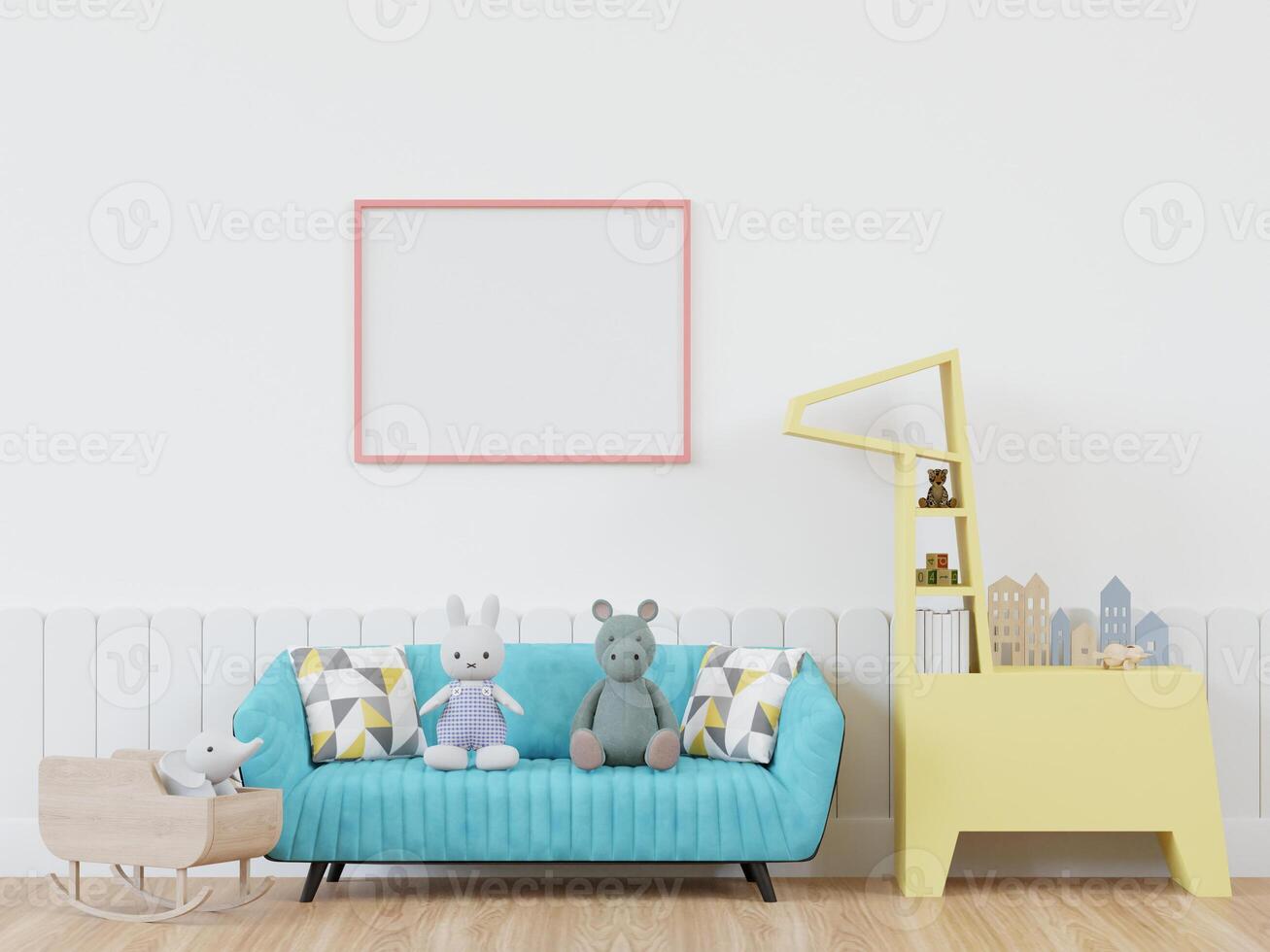 3D mockup photo frame in chidren room rendering