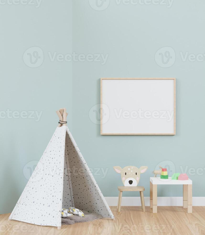 3D mockup photo frame in chidren room rendering