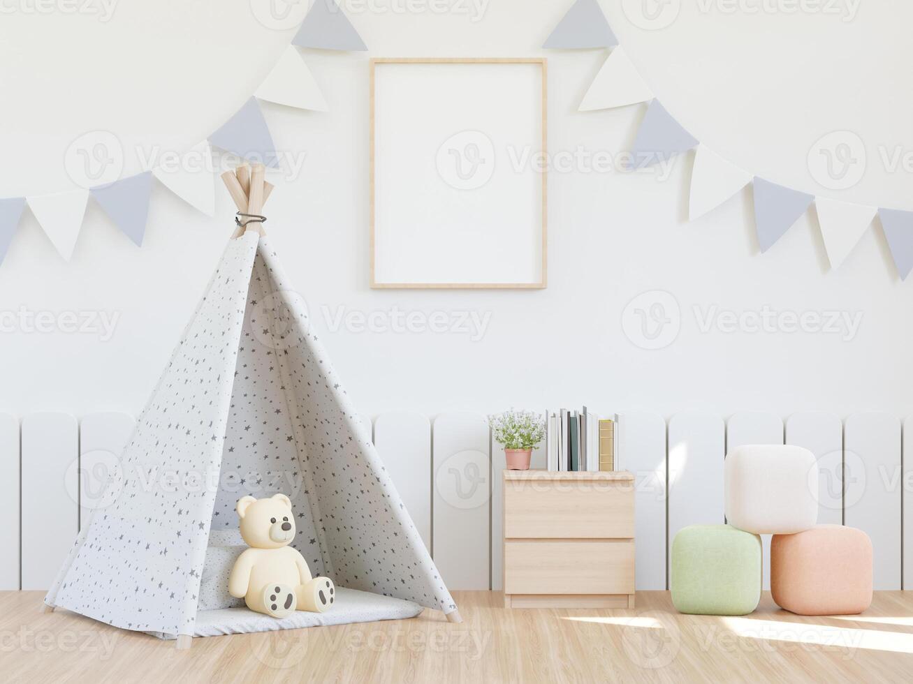 3D mockup photo frame in chidren room rendering