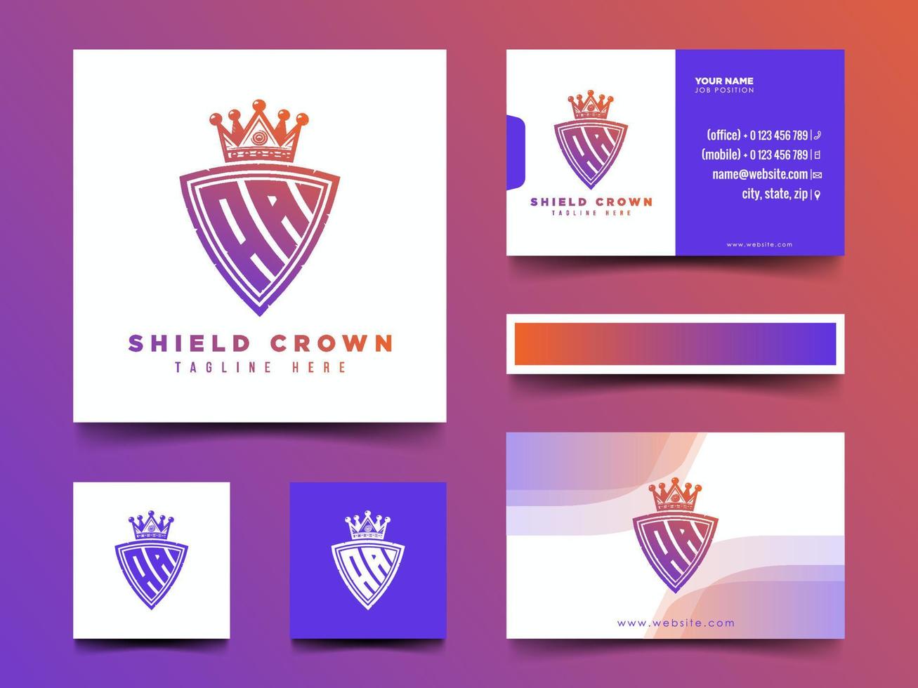 Set of creative AA monogram logo with shield crown color gradient style vector