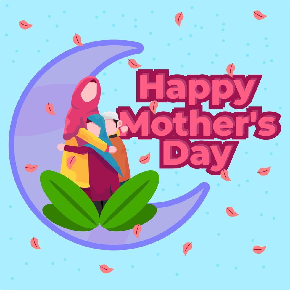 Happy mother's day. illustration of a mother hugging her son and daughter. illustration of muslim family and crescent moon. vector