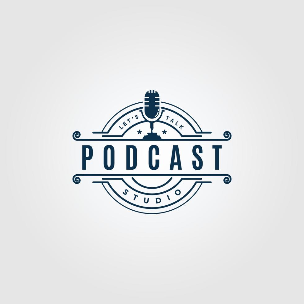 stand microphone  podcast vintage  logo icon with emblem vector illustration design