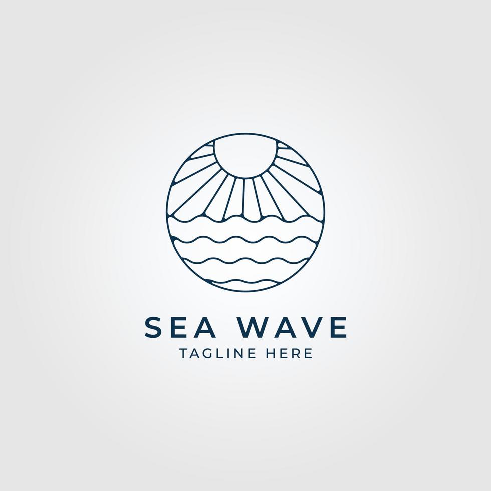 sea wave line art logo with sunset badge vector illustration design