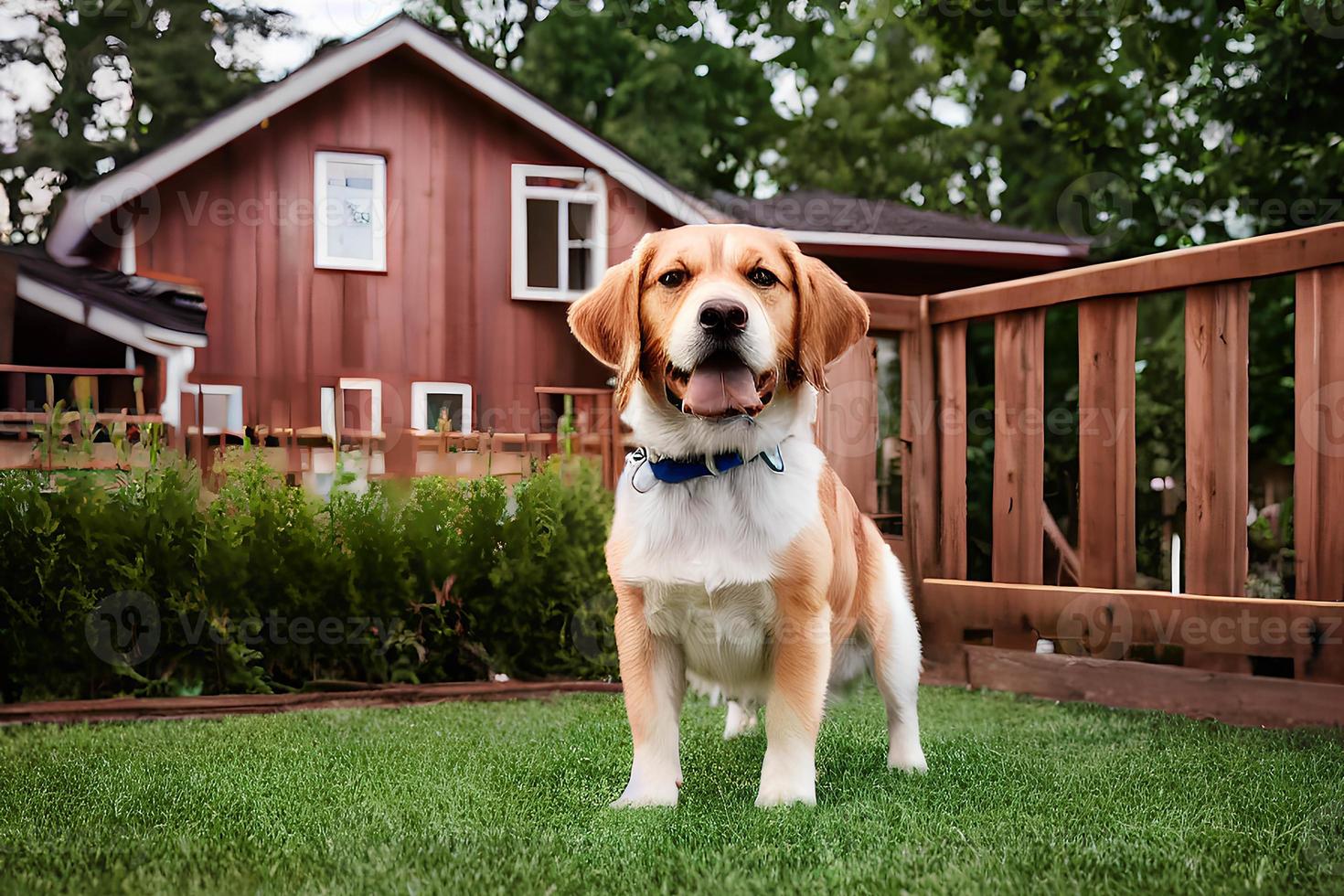 a dog with a house in the background photo