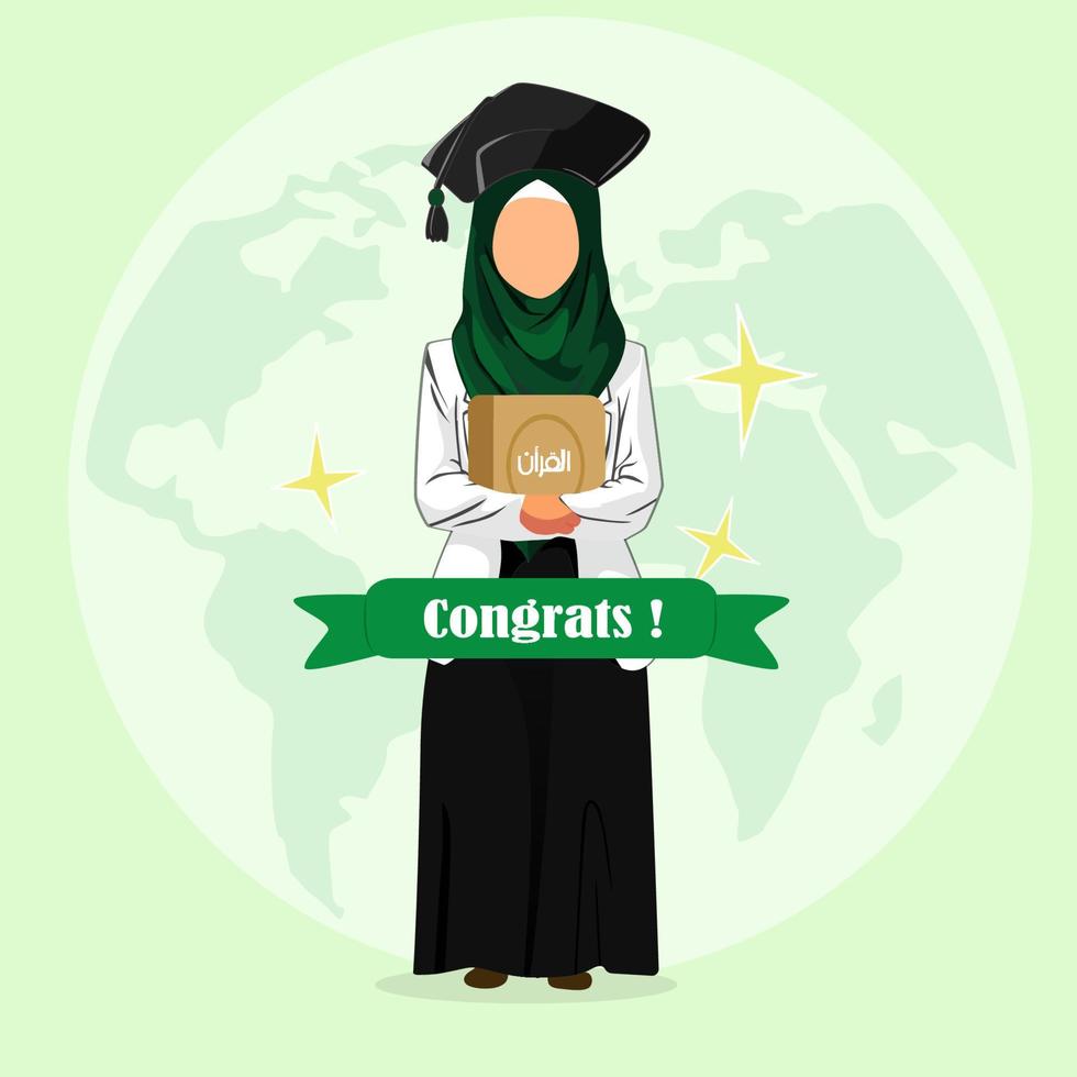 Beautiful muslim student on graduation day cartoon illustration carrying holy quran on world map background vector