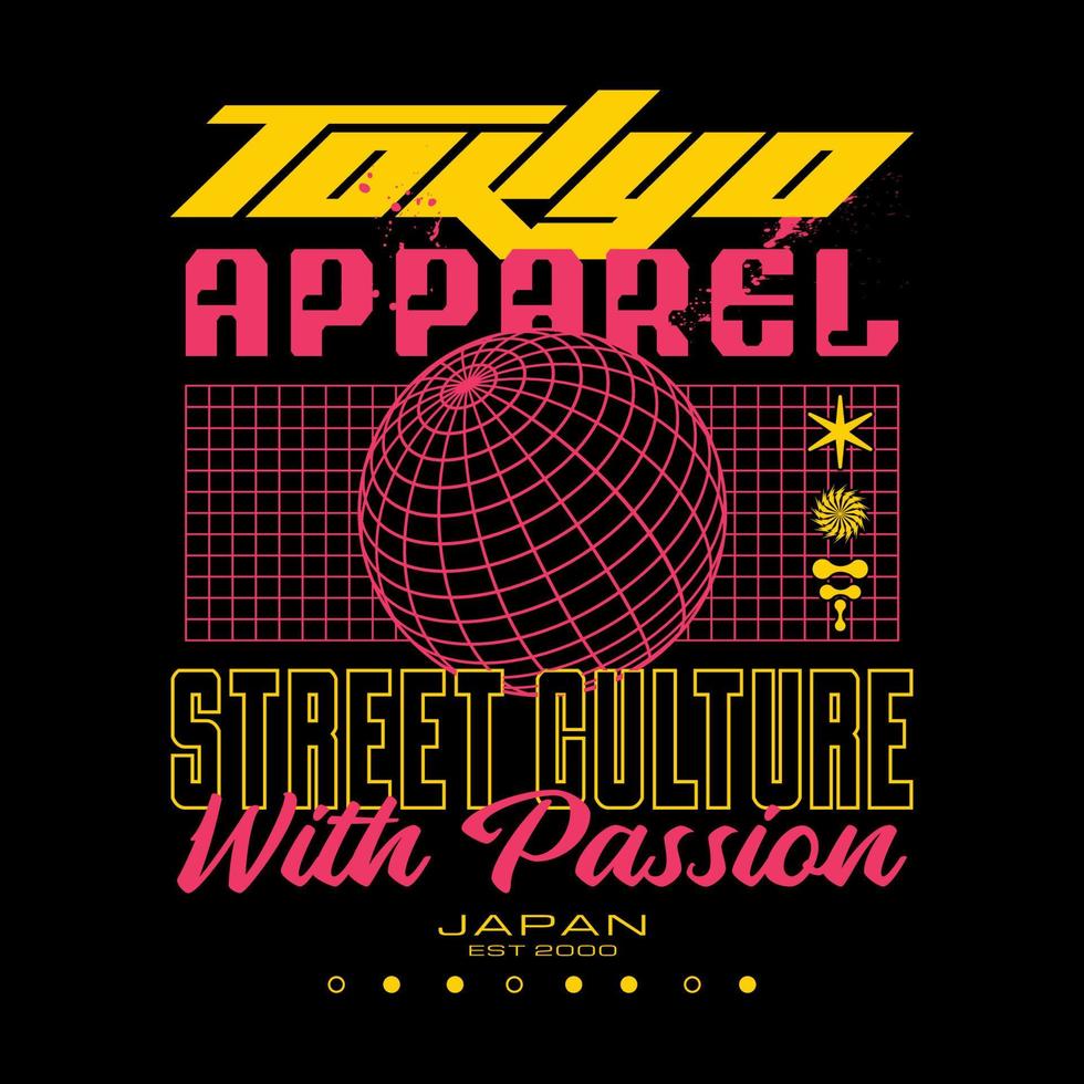 moderno futurista y2k ropa de calle tipografía tokio eslogan impresión para hombre - mujer gráfico tee t camisa vector diseño icono ilustración. póster, bandera, pegatina, alfiler, insignia, parche