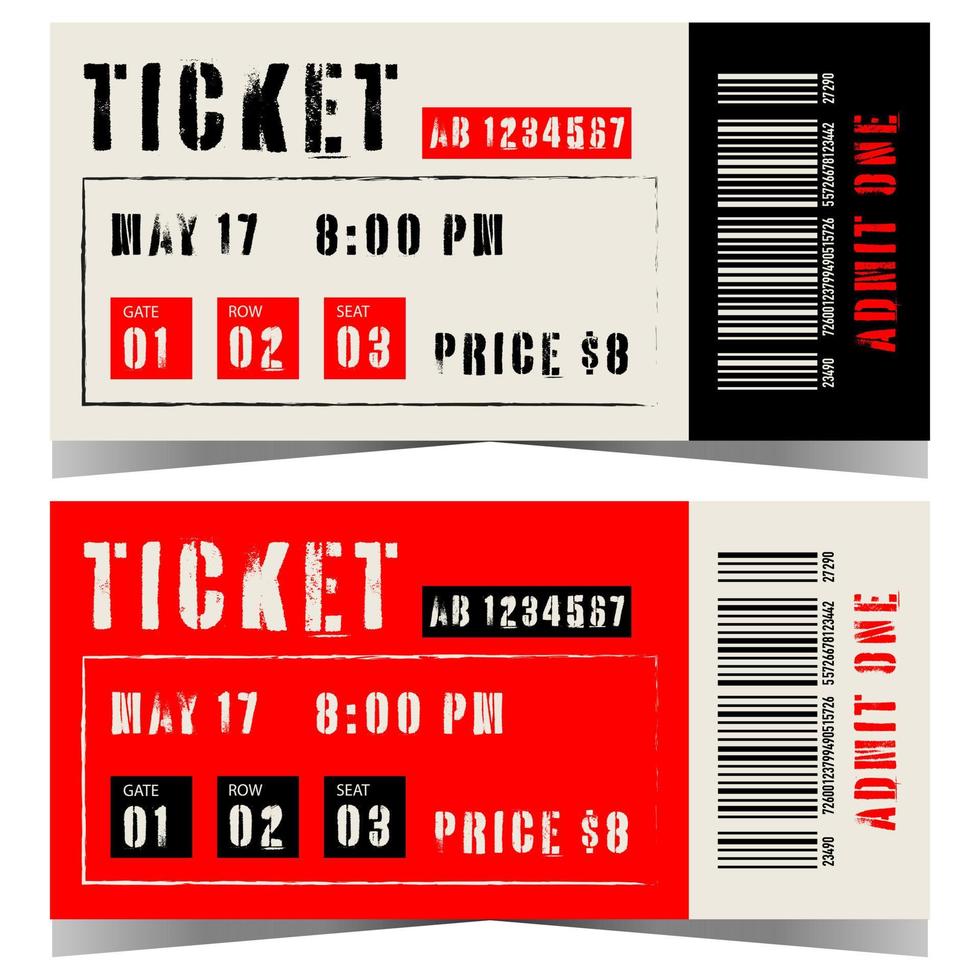 Shabby ticket design template with date, time, price and barcode suitable for theatre, cinema or circus entrance pass. Vector illustration in flat style of access ticket or talon.