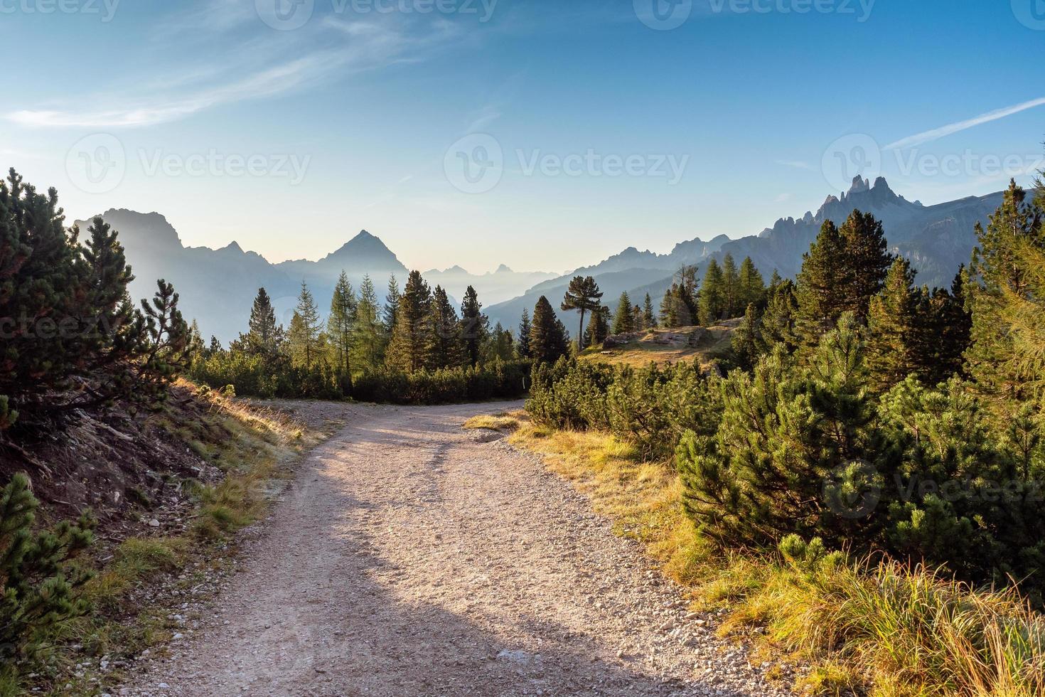 Wide trail in the Dolomites. Hiking trip, Walking path in dolomites landscape. The Tofane Group in the Dolomites, Italy, Europe. photo