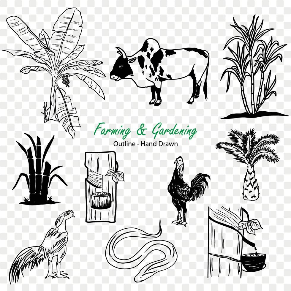 farming elements collection, outline vector illustration, Agriculture plant and animal