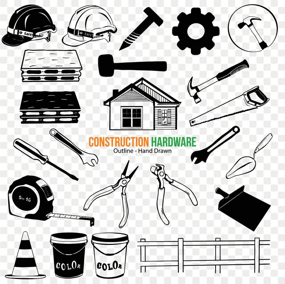 construcción hardware y reparar instrumentos, construcción herramienta contorno ilustración colección vector