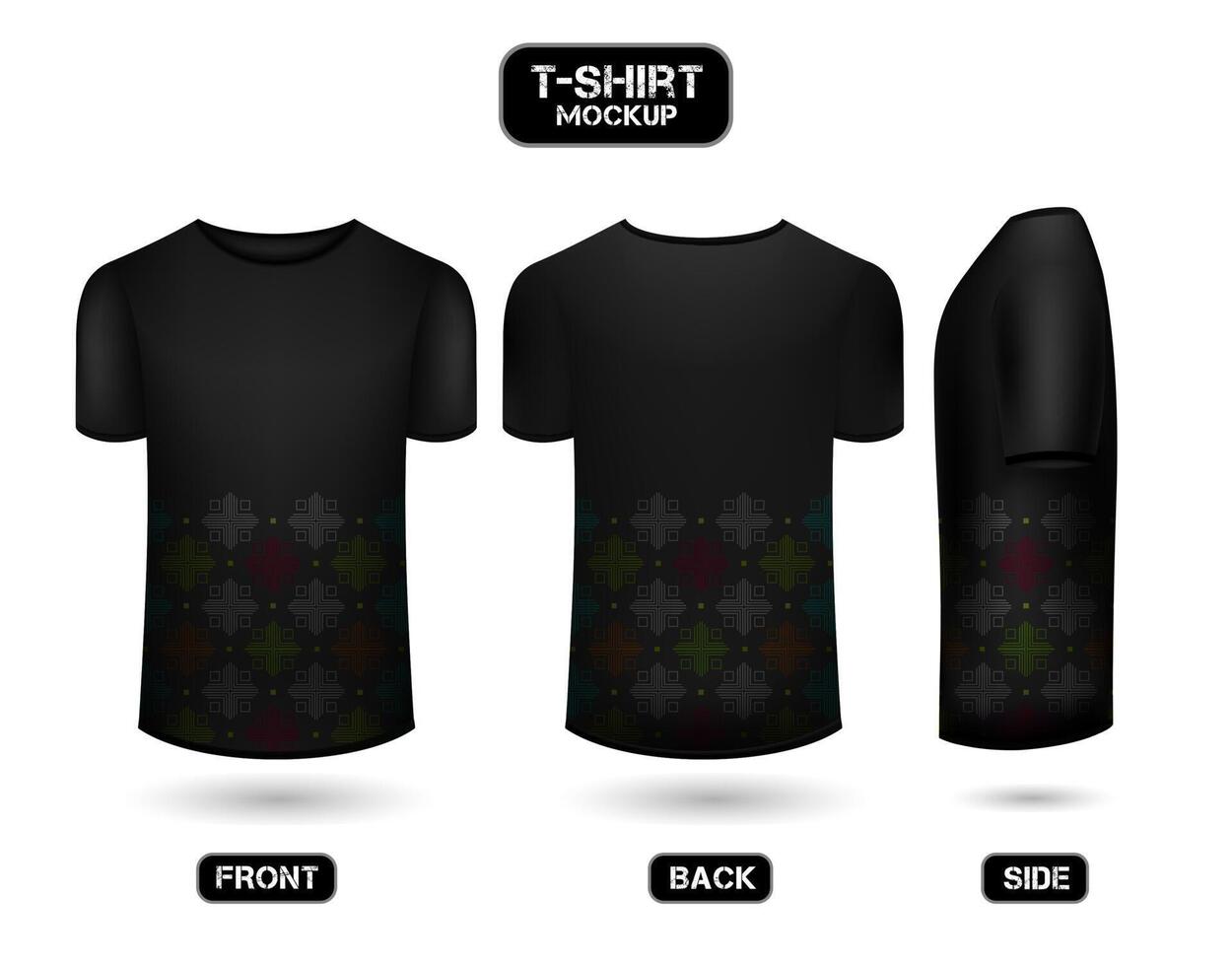 plain black t-shirt design, with batik motif. front, back and side view, 3d style t-shirt mockup vector