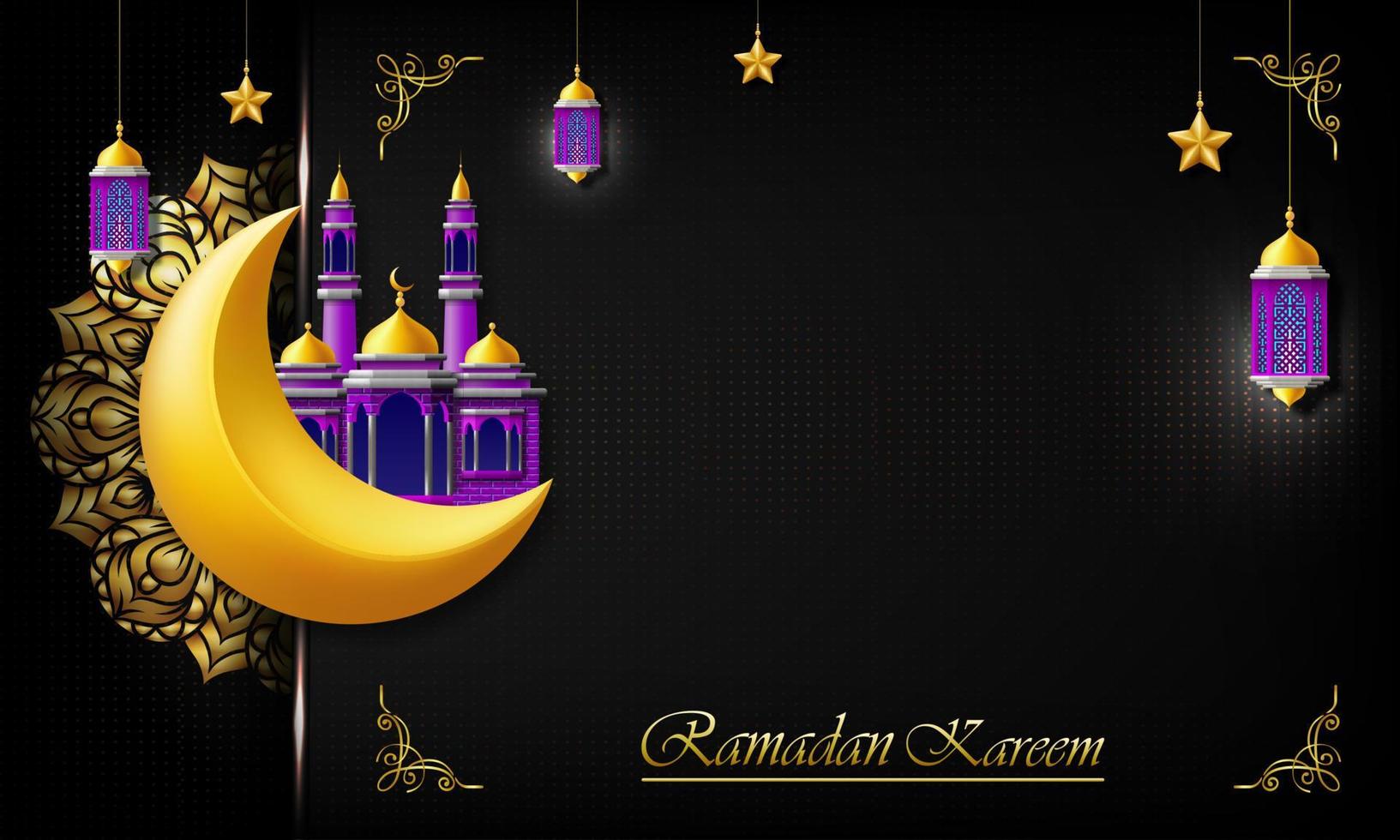 ramadan kareem greeting card. luxury and elegant islamic celebration poster with free space for cover design or text. isolated on black background. vector illustration