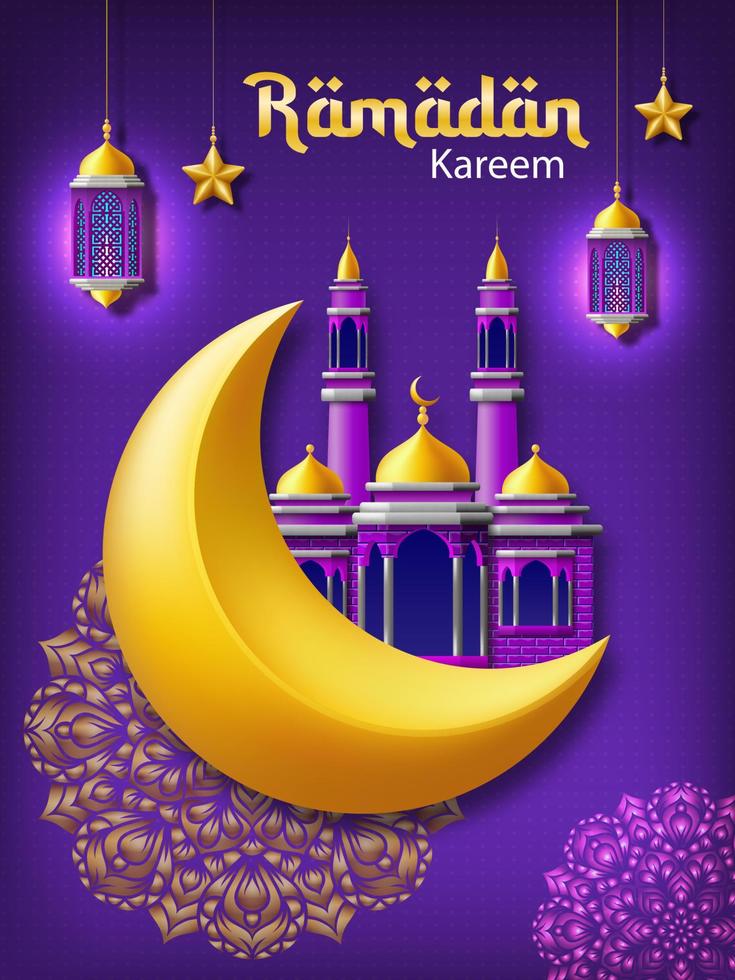 Ramadán kareem saludo tarjeta. lujo y elegante islámico celebracion póster. aislado en púrpura antecedentes. vector ilustración