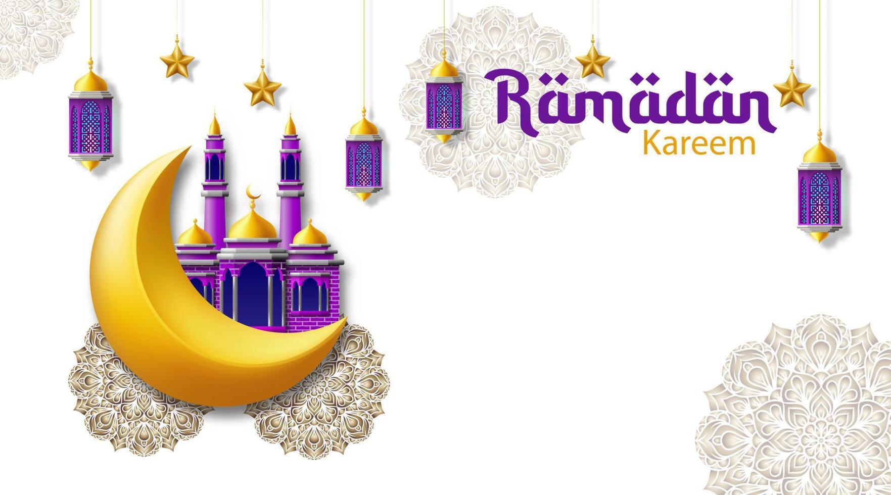 Ramadan kareem. Crescent moon ornament, mosque, lantern and floral mandala isolated on white background. Ramadan Kareem greeting card. Islamic celebration background. vector illustration