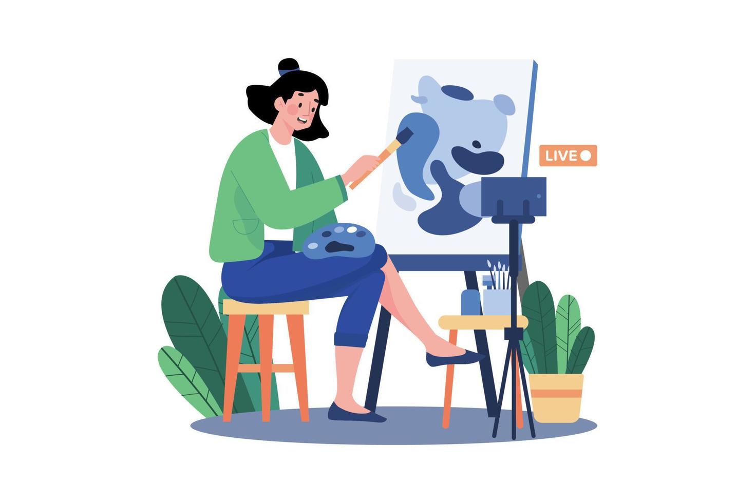 Female Blogger Draws A Picture On Canvas vector
