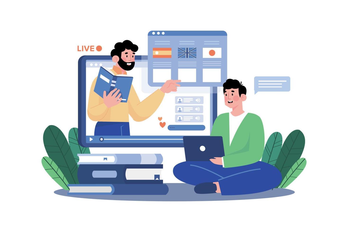 Man Learning Different Foreign Languages Online vector