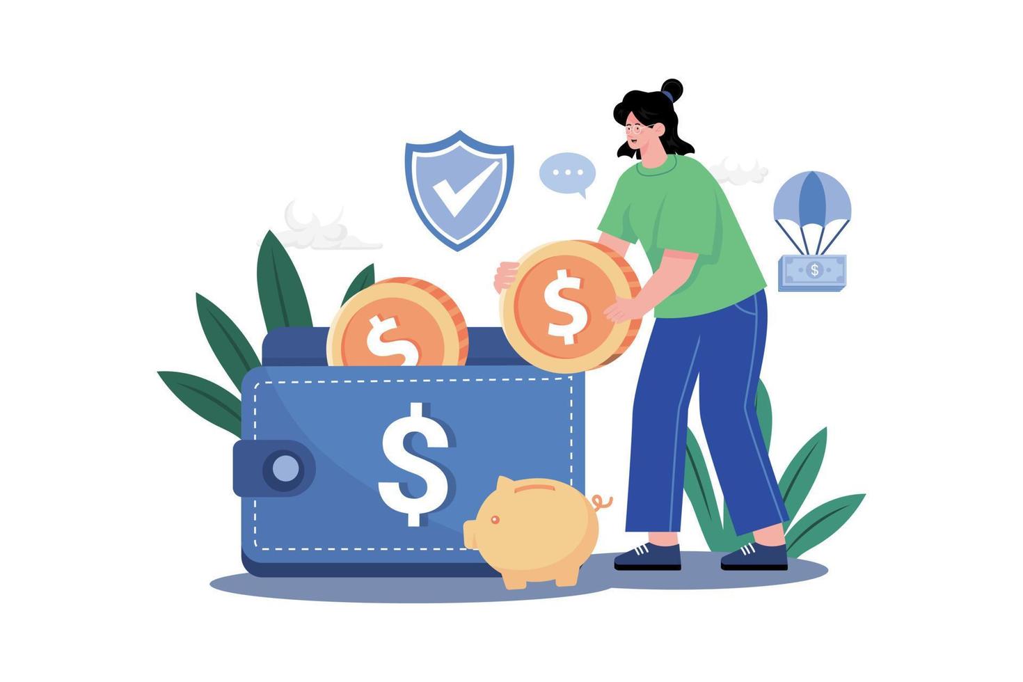 Woman Puts Money In Her Purse vector