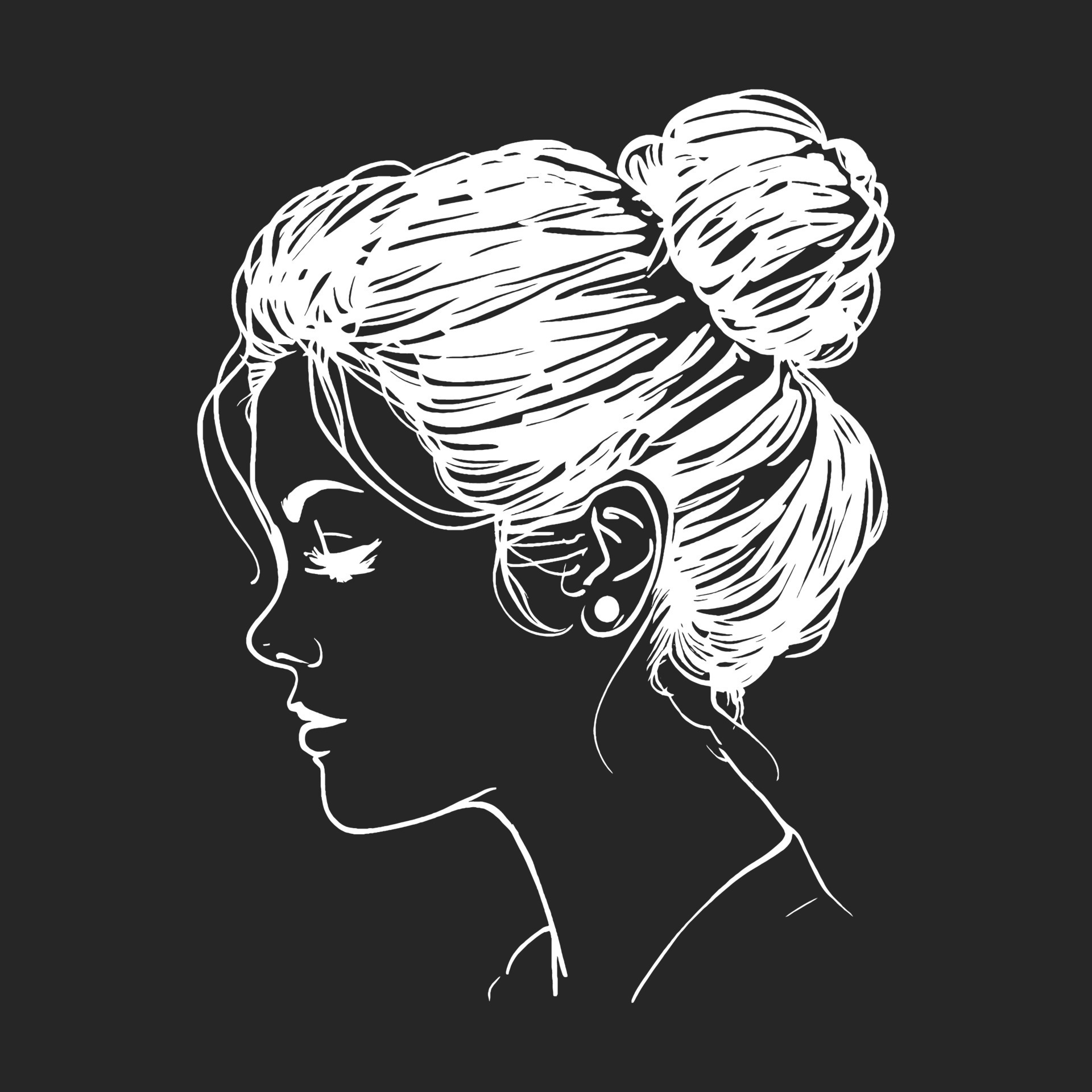 Woman messy bun hairstyle side view, isolated on black background