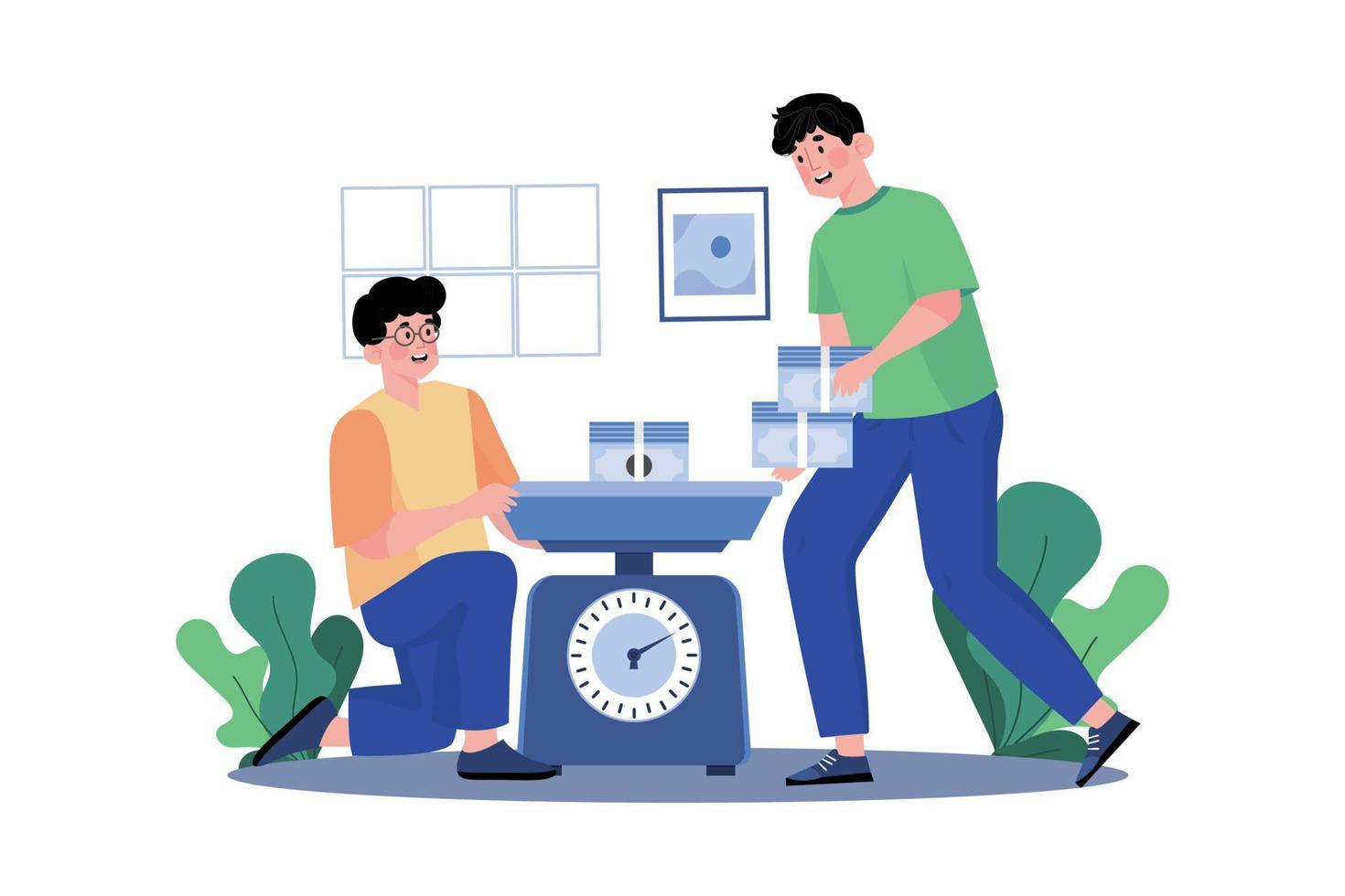 Man puts money on the scales vector