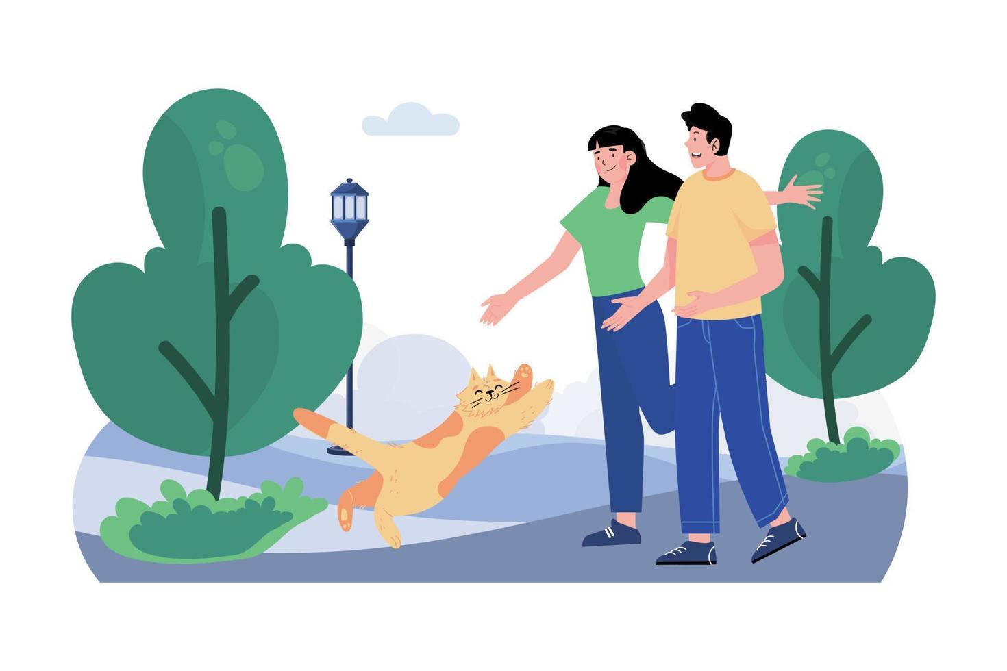 Pareja caminando con gato en parque vector