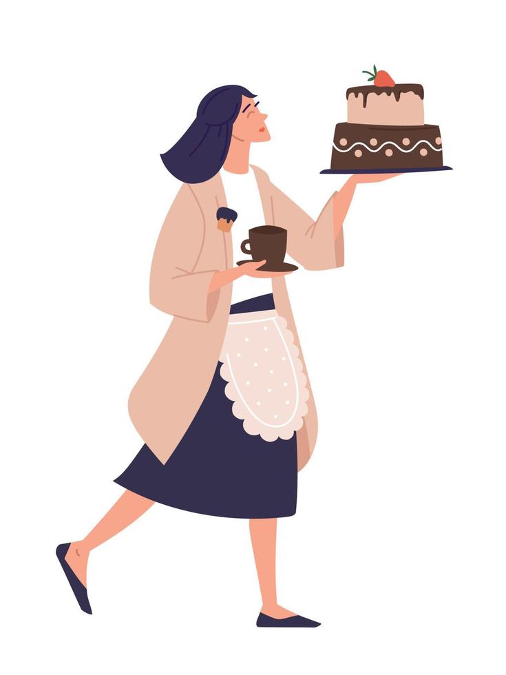 confitero, mesero, pastel, postre. niña con un pastel. el camarero lleva un pastel y un taza de té. vector imagen.