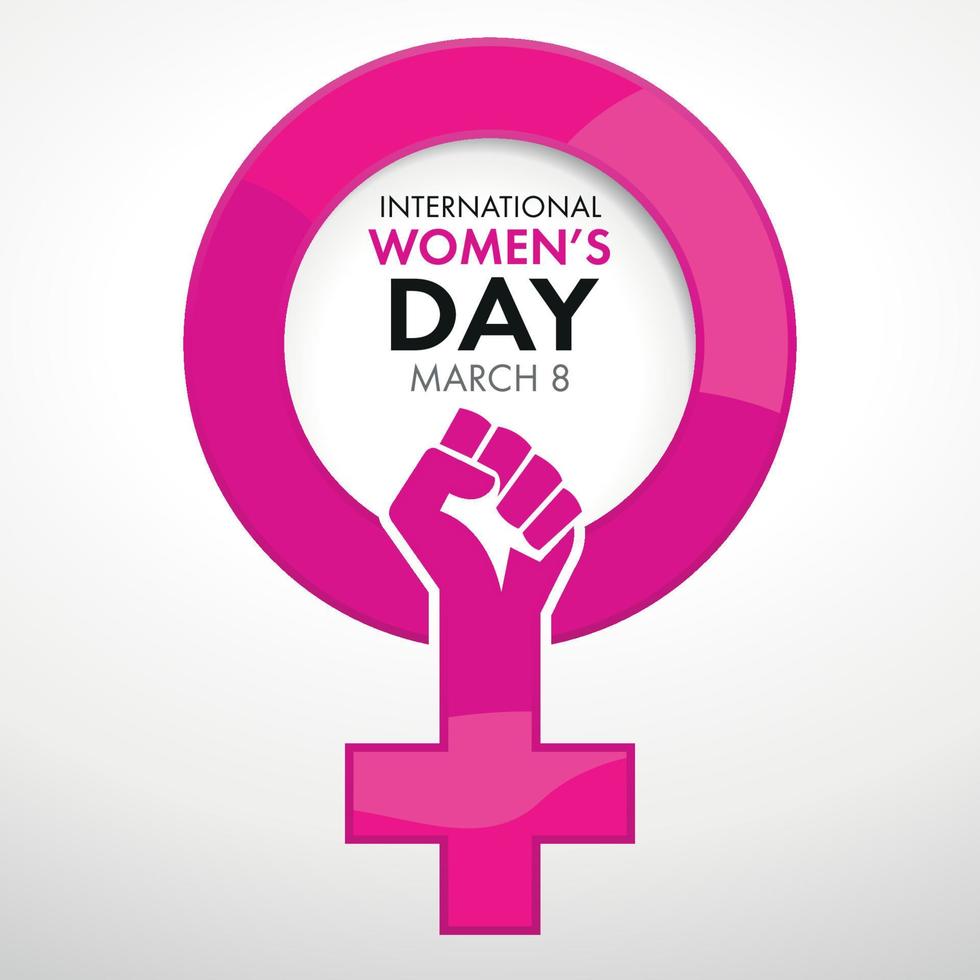 Title International Women's Day inside the symbol of woman in pink with a closed fist inside the symbol on white background vector