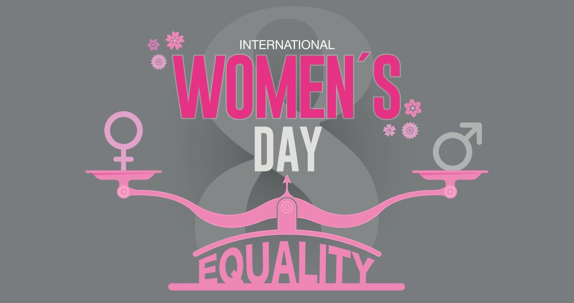 Greeting Card of INTERNATIONAL WOMEN S DAY. Text in pink color on scale with EQUALITY word and male, female icons surrounded by pink flowers on dark gray background. Vector image