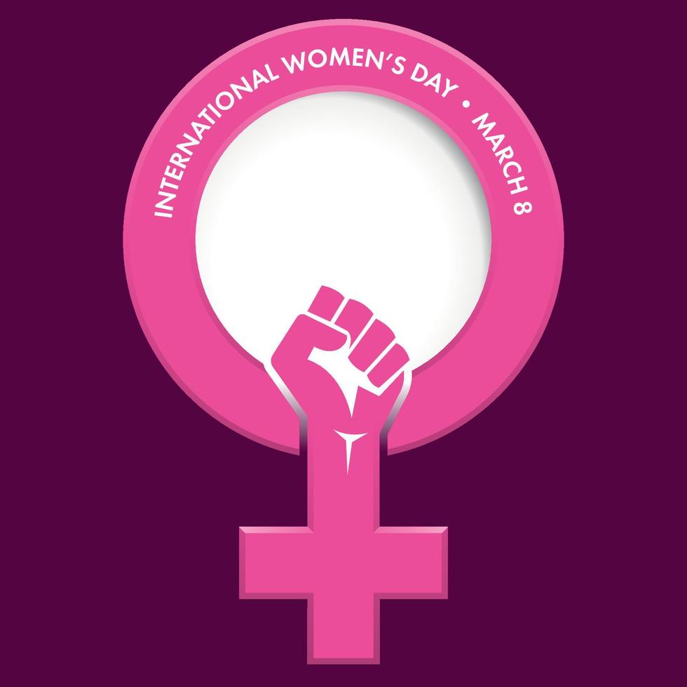 Title International Women's Day inside the symbol of woman in pink with a closed fist inside the symbol on dark violet background vector