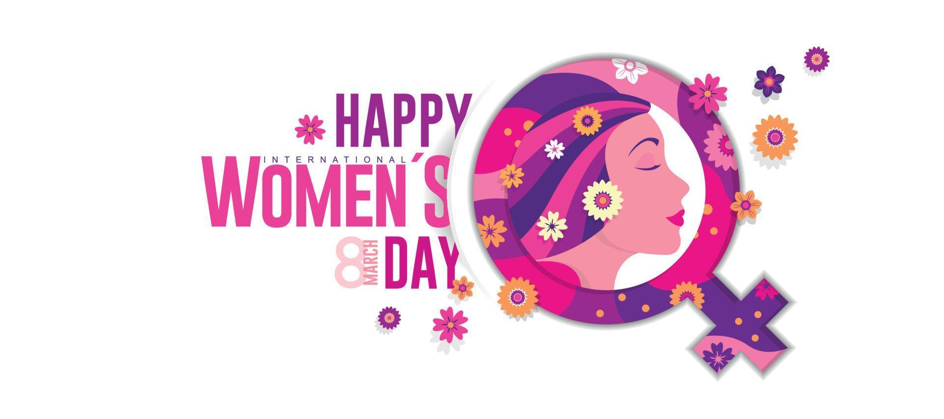 INTERNATIONAL WOMEN S DAY Greeting Card. Woman's face in profile inside purple and pink feminine symbol with flowers coming out of the circle on white background vector