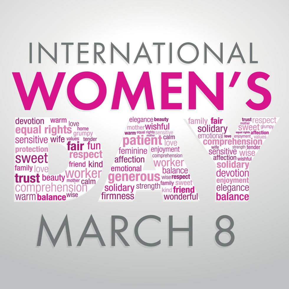 International Women's Day title with a word cloud forming the word Day in pink and violet colors on white background vector