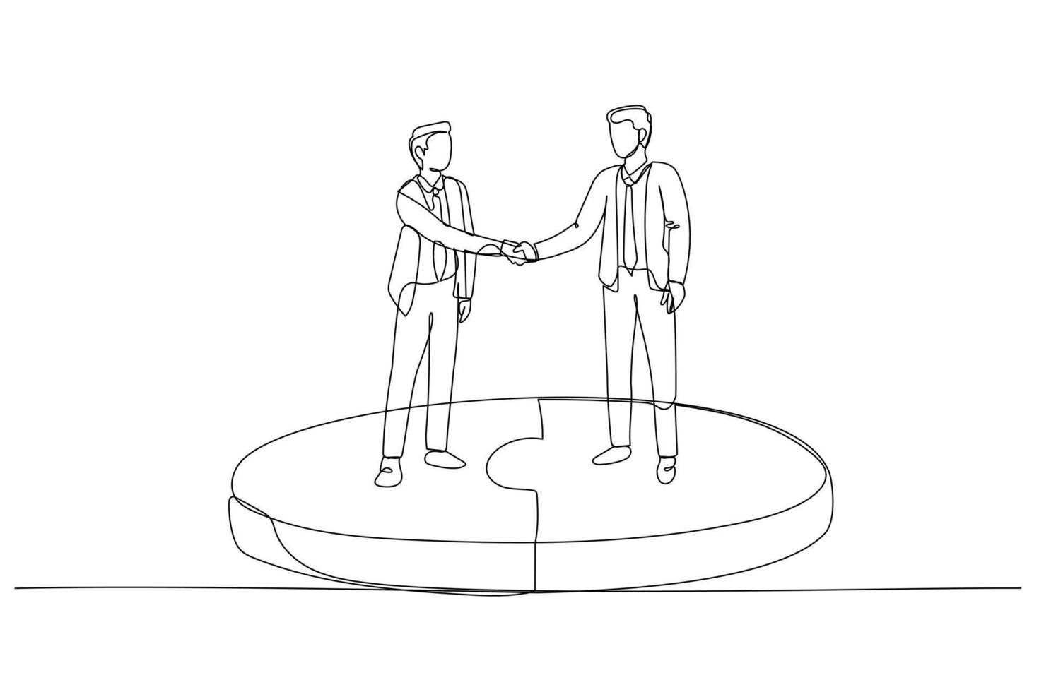 Cartoon of businessman standing in connected puzzle shaking hand. Concept of business deal. One line style art vector
