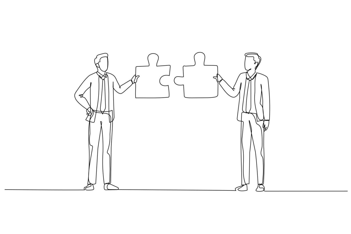 Drawing of businessman with friend connecting the puzzle. Concept of networking. Single continuous line art style vector
