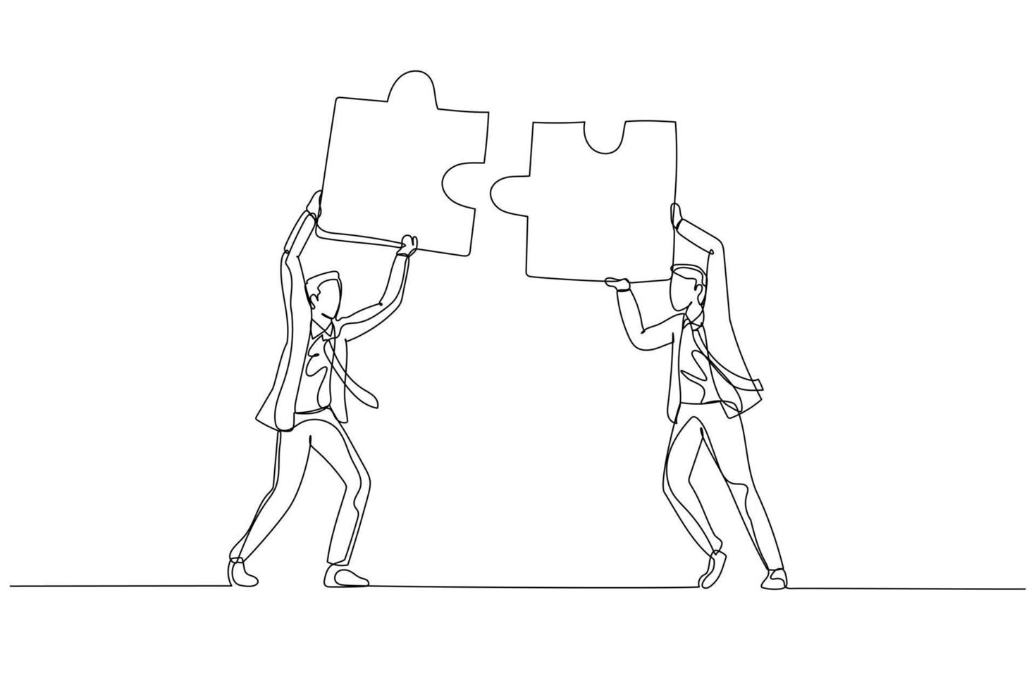 Cartoon of businessman hold puzzle in the head try to connect puzzle. Concept of partnership. Single line art style vector