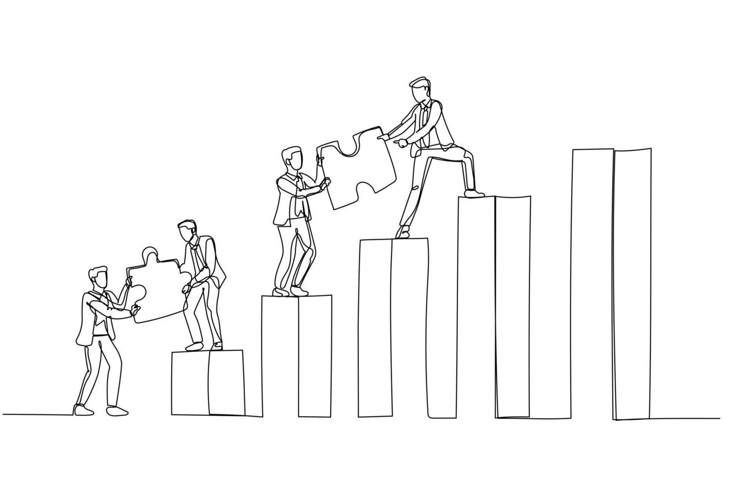 Cartoon of businessman and team bring puzzle to the top. Concept of teamwork. One line art style vector