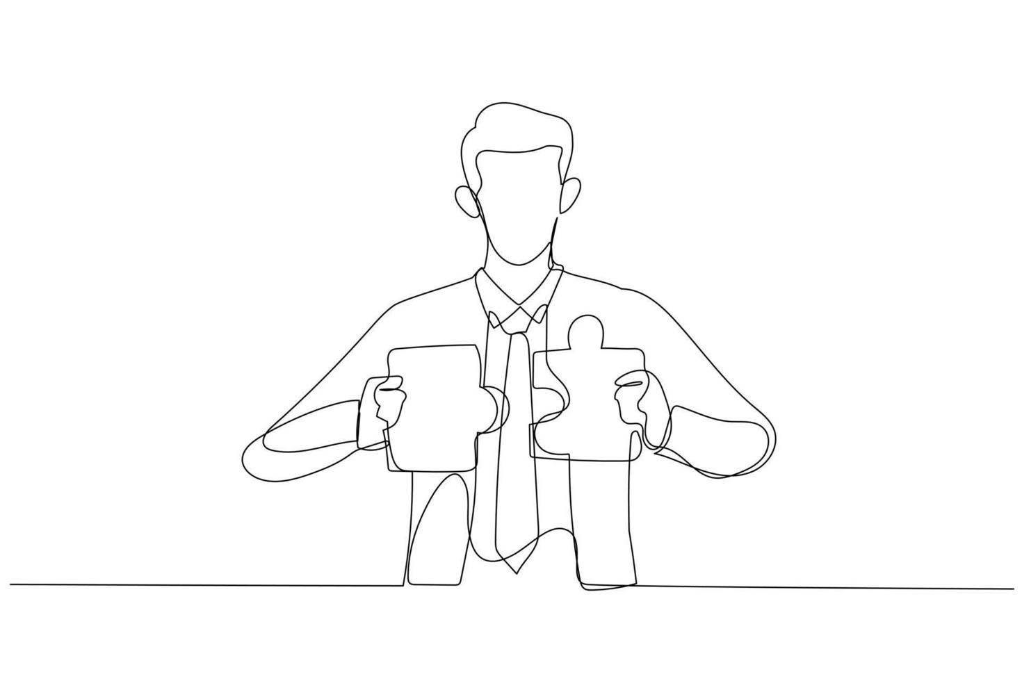 Cartoon of businessman connecting two puzzle pieces. Concept of creative solution. One line art style vector