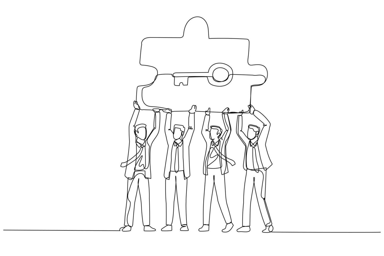 Drawing of businessman and friend connecting jigsaw like keys. Concept of partnership. Single continuous line art style vector