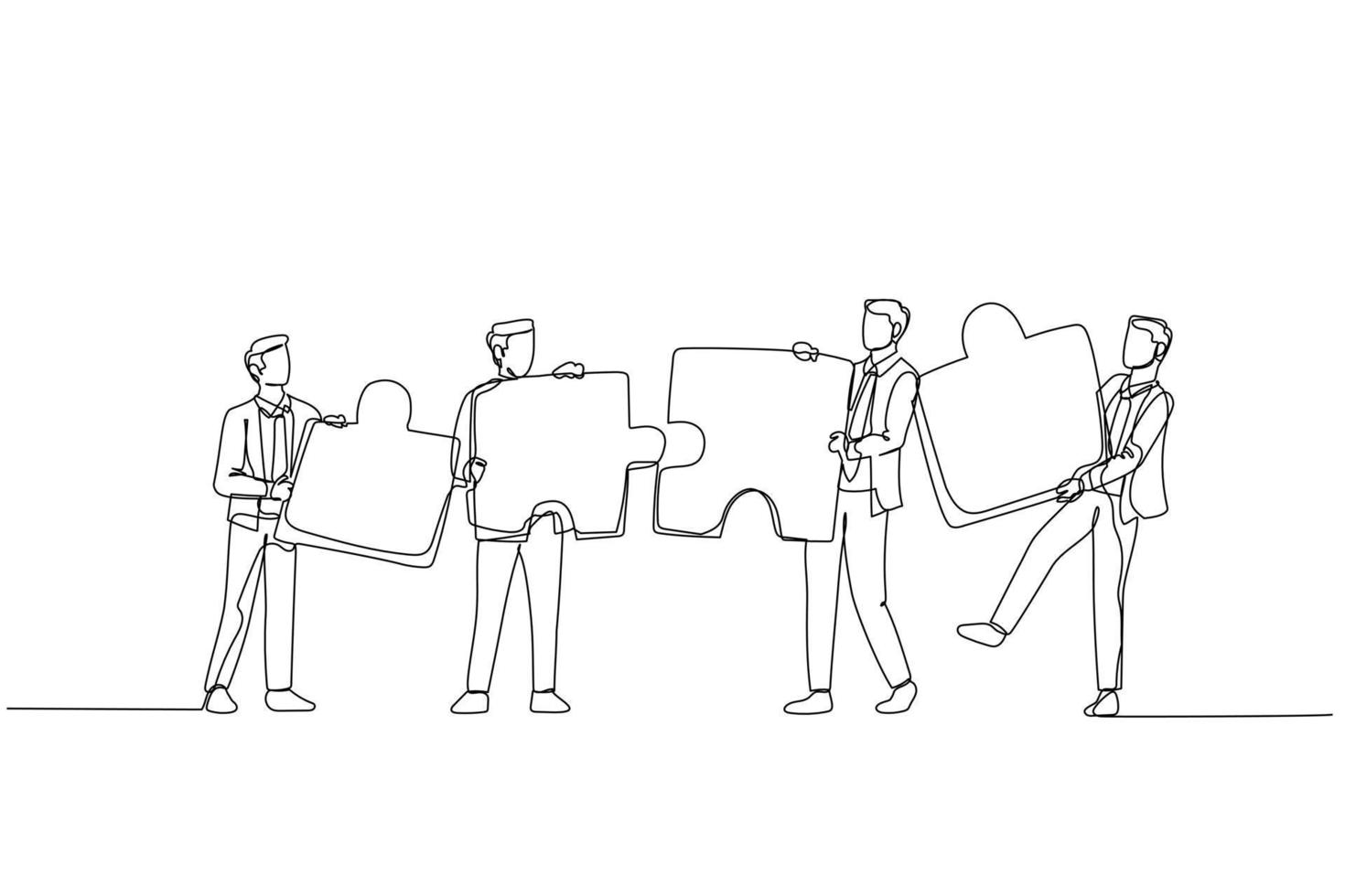 Drawing of businessman standing with puzzle in hand. Concept of cooperation. Continuous line art style vector