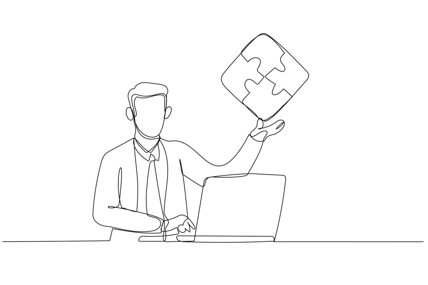 Drawing of businessman showing puzzle that connected. Concept of teamwork. Continuous line art vector