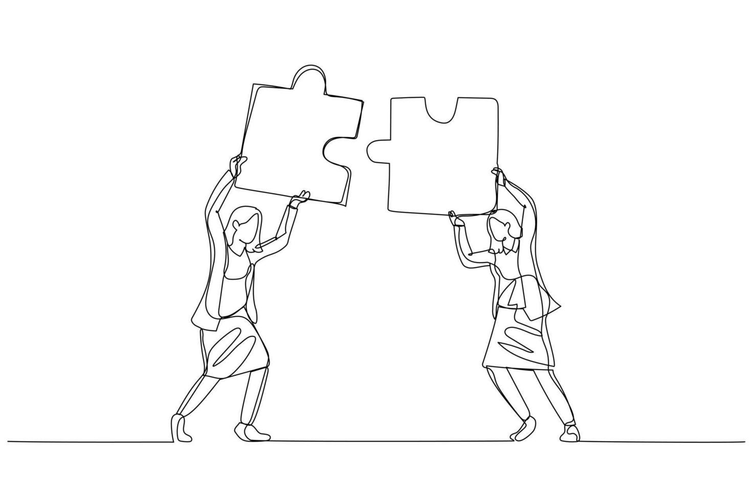 Cartoon of businesswoman hold puzzle in the head try to connect puzzle. Concept of partnership. Single line art style vector