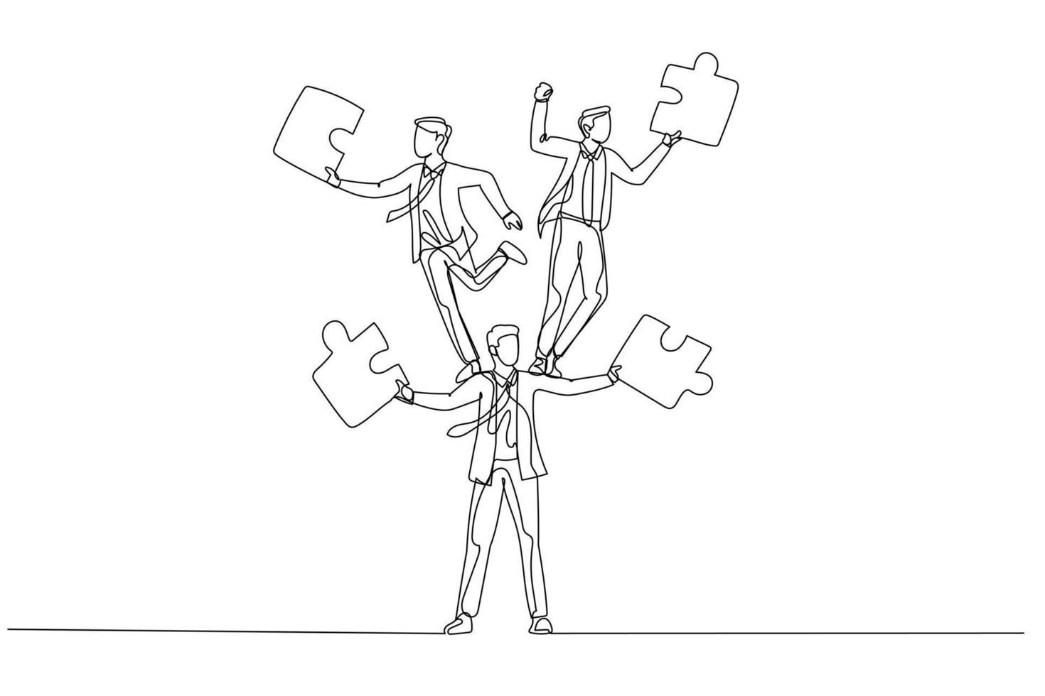 Drawing of businessman juggling puzzle from human tower. Concept of teamwork. Single continuous line art style vector