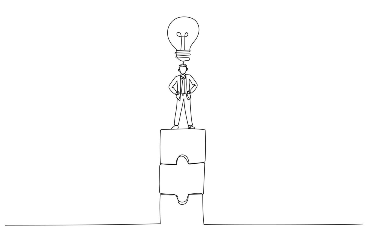 Drawing of businessman sit on puzzle tower. Concept of teamwork and cooperation. Continuous line art style vector