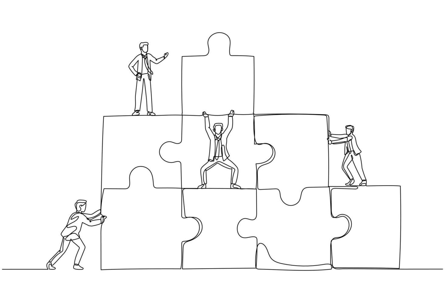 Illustration of businessman connecting puzzles pieces building. Concept of cooperation. Single line art style vector