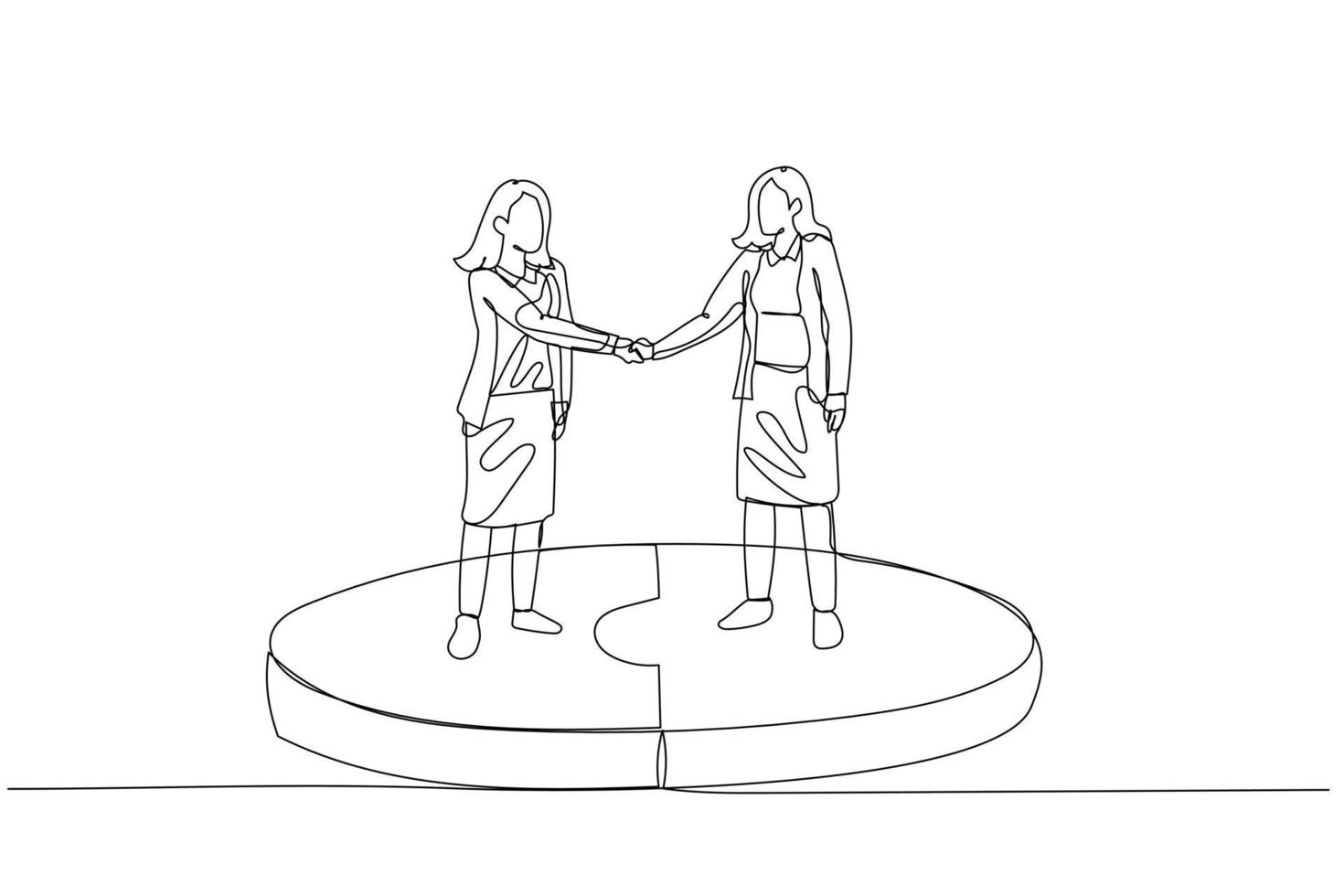 Drawing of businesswoman standing in connected puzzle shaking hand. Concept of business deal. One line art style vector