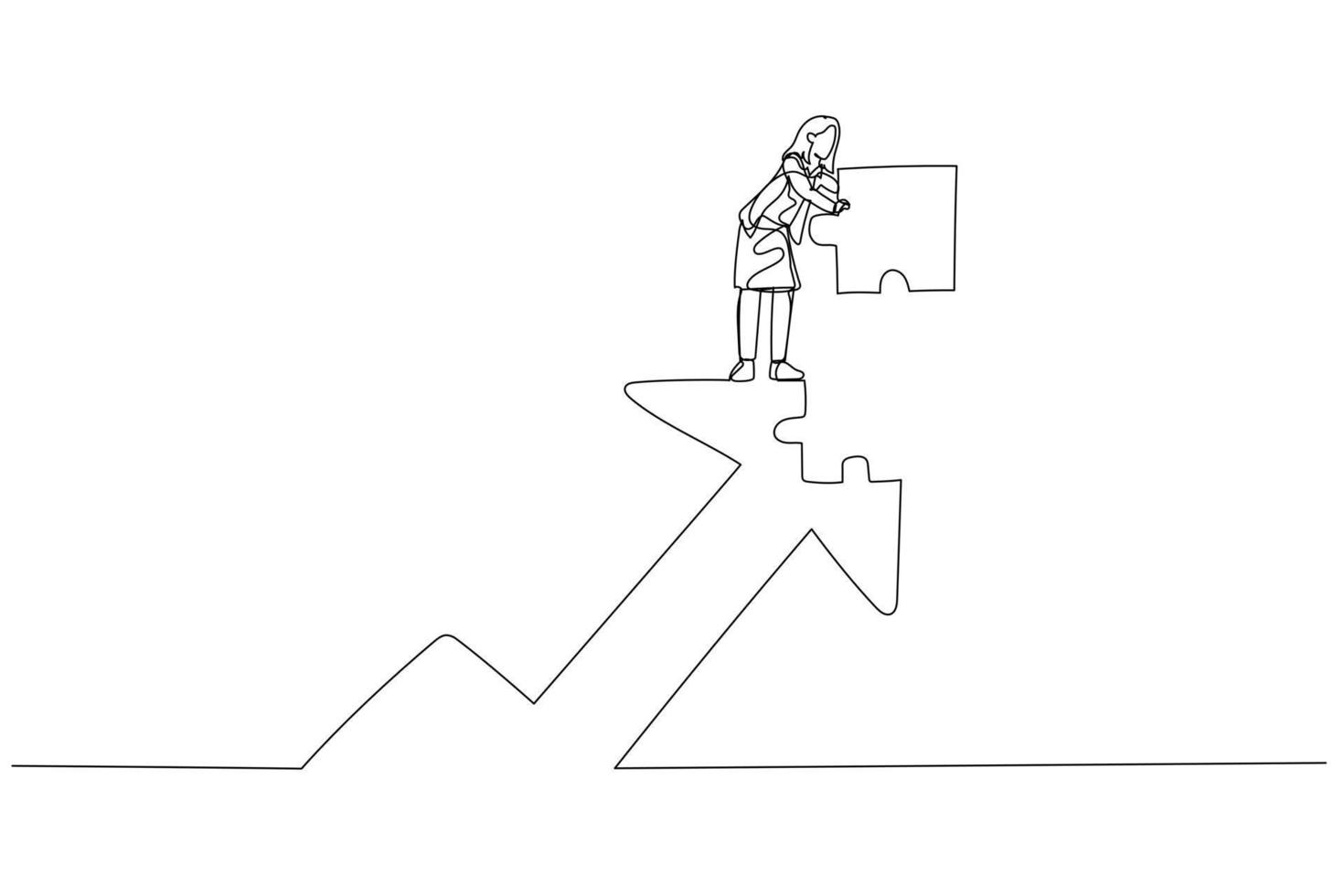 Cartoon of businesswoman put last piece of jigsaw puzzle to complete rising up arrow. Concept of growth. Single line art style vector