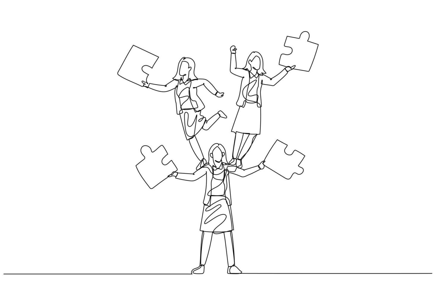 Cartoon of businesswoman juggling puzzle from human tower. Concept of teamwork. Single line art style vector