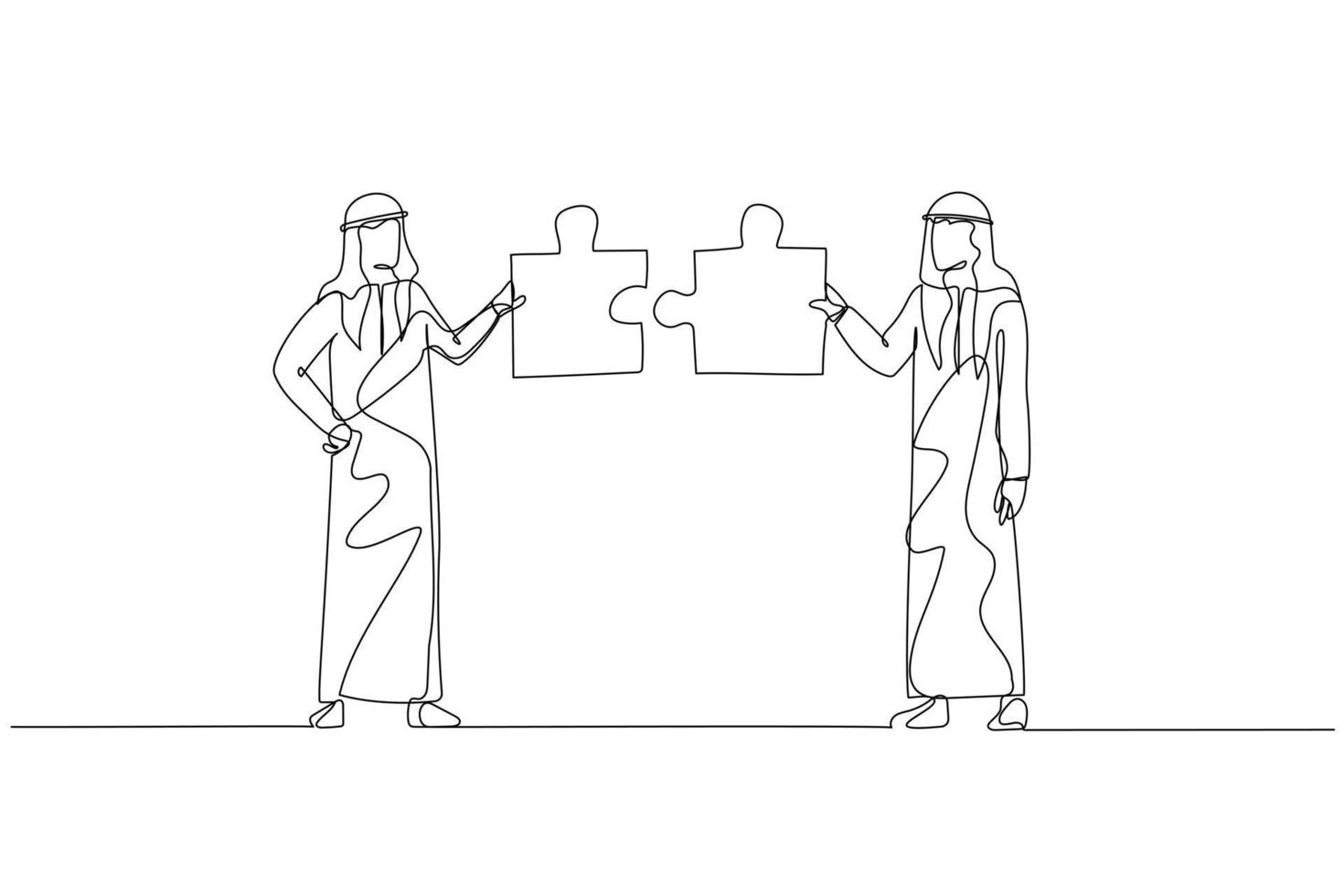 Drawing of arab businessman with friend connecting the puzzle. Concept of networking. Single continuous line art vector